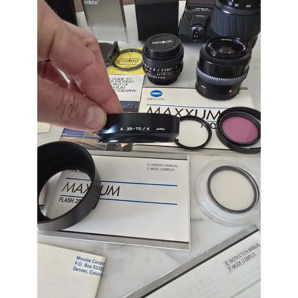 Minolta Maxxum 7000 35mm Film Camera Bundle, ‎ 4 Lenses, Flash, Filters, Manuals